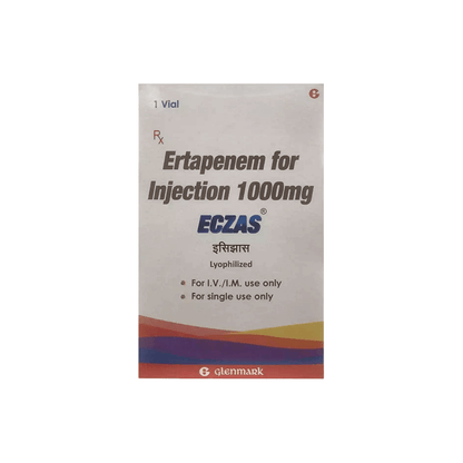 Front view of ECZAS Ertapenem for Injection 1000mg single-use lyophilized vial box by Glenmark.