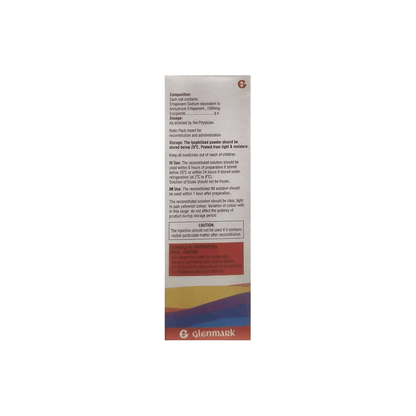 Back view of ECZAS 1000mg box by Glenmark showing detailed composition, I.V./I.M. reconstitution instructions, and storage guidelines.