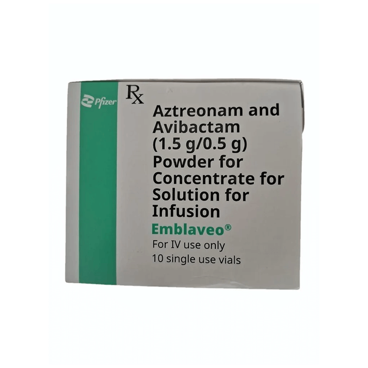 Front of Emblaveo Aztreonam and Avibactam (1.5g/0.5g) Powder for Concentrate IV Injection box of 10 vials by Pfizer.