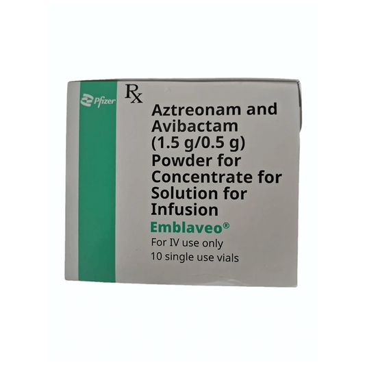 Front of Emblaveo Aztreonam and Avibactam (1.5g/0.5g) Powder for Concentrate IV Injection box of 10 vials by Pfizer.