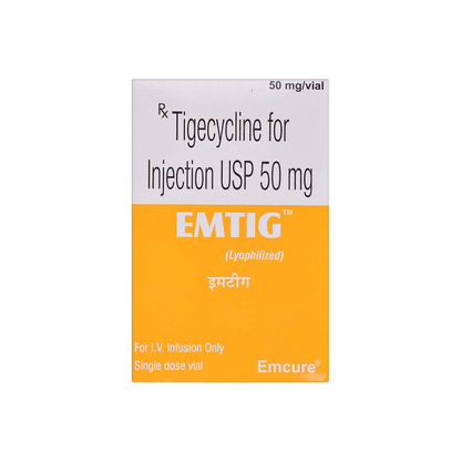 Front view of EMTIG 50 mg (Tigecycline for Injection USP 50 mg) lyophilized single-dose vial box by Emcure.