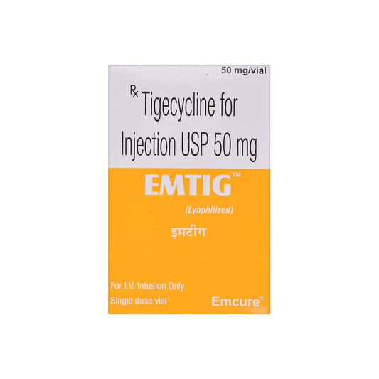 Front view of EMTIG 50 mg (Tigecycline for Injection USP 50 mg) lyophilized single-dose vial box by Emcure.