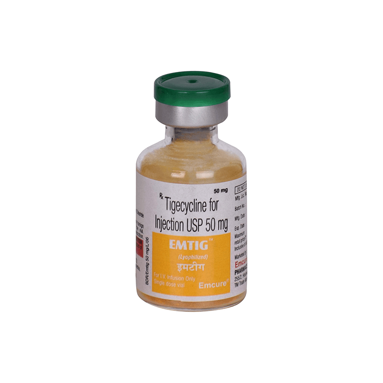 Front view of the EMTIG 50 mg sterile glass vial with a green cap containing yellowish lyophilized powder for IV infusion by Emcure.