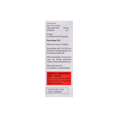 Side view of the EMTIG 50 mg box detailing composition, reconstitution instructions, storage below 25°C, and Schedule H warning by Emcure.