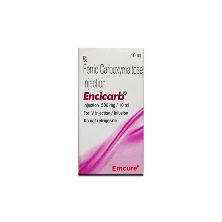 Front view of Encicarb Ferric Carboxymaltose Injection 500 mg / 10 ml box by Emcure.