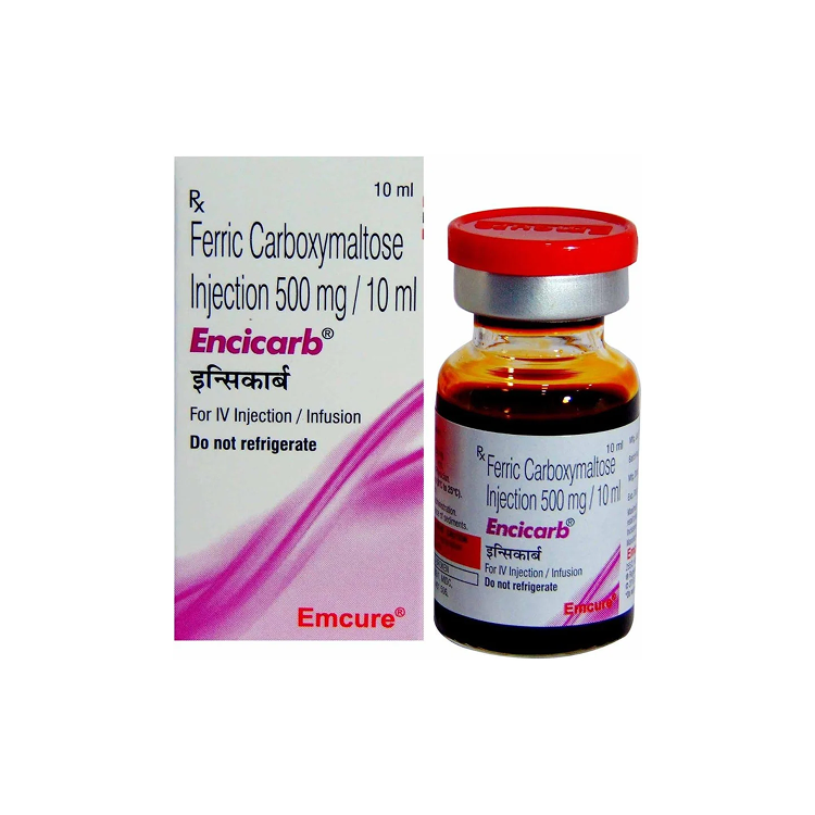 Straight front view of Encicarb 500mg/10ml box alongside the red-capped single-use infusion vial by Emcure.
