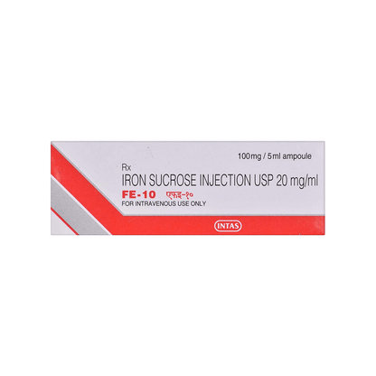 Front view of FE-10 Iron Sucrose Injection USP 20 mg/ml (100mg/5ml ampoule) box by INTAS.
