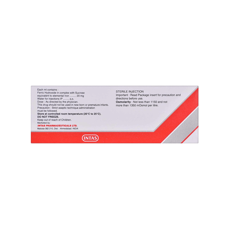 Back view of FE-10 100mg/5ml box showing composition, elemental iron equivalent, osmolarity, and storage instructions.