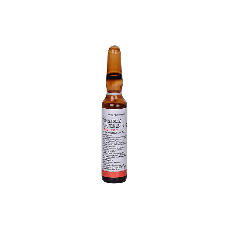 lose-up view of the 100mg/5ml amber glass ampoule for FE-10 (Iron Sucrose Injection) by INTAS.