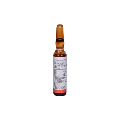 lose-up view of the 100mg/5ml amber glass ampoule for FE-10 (Iron Sucrose Injection) by INTAS.
