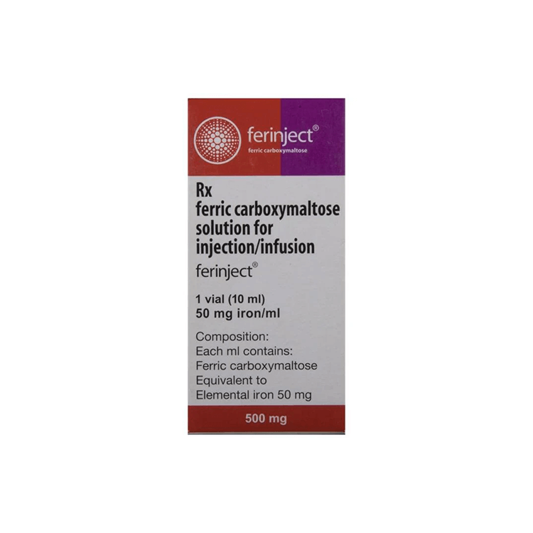 Front view of Ferinject Ferric Carboxymaltose Solution for Injection/Infusion 500 mg / 10 ml box by Lupin.