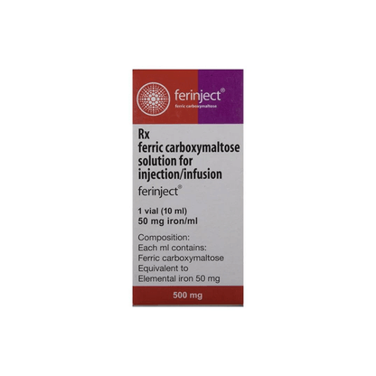 Front view of Ferinject Ferric Carboxymaltose Solution for Injection/Infusion 500 mg / 10 ml box by Lupin.