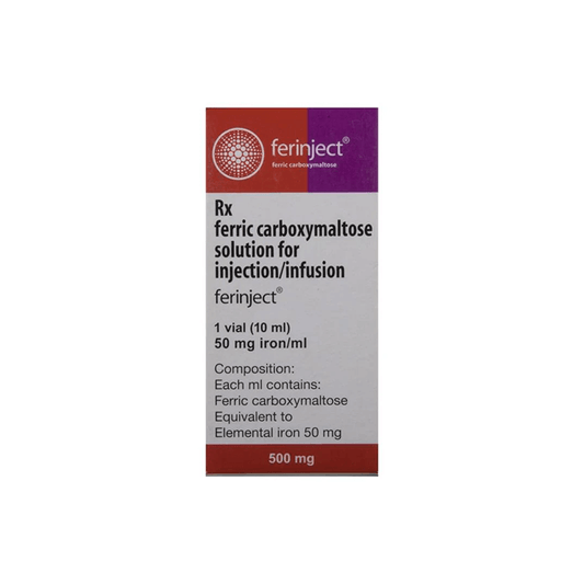 Front view of Ferinject Ferric Carboxymaltose Solution for Injection/Infusion 500 mg / 10 ml box by Lupin.