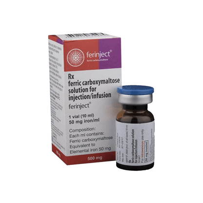 Perspective view showing the Ferinject 500 mg box alongside the single-use 10 ml infusion vial with blue cap by Lupin.