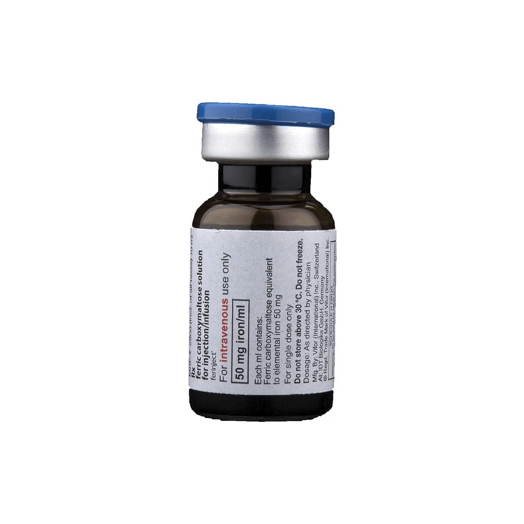 Back view of the Ferinject 10 ml vial showing composition, elemental iron equivalent (50 mg iron/ml), and storage instructions.