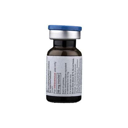 Back view of the Ferinject 10 ml vial showing composition, elemental iron equivalent (50 mg iron/ml), and storage instructions.