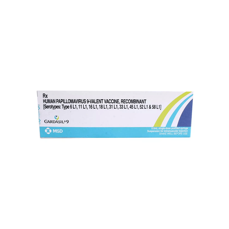 Front view of Gardasil 9 (Human Papillomavirus 9-Valent Vaccine, Recombinant) 0.5mL single-dose prefilled syringe box by MSD.