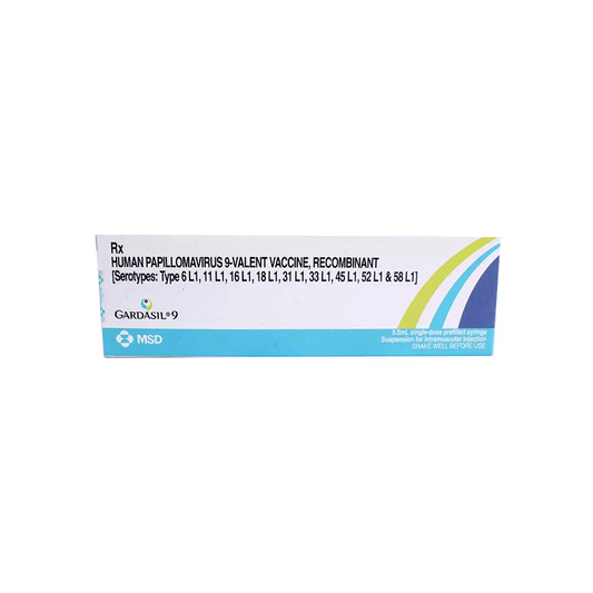 Front view of Gardasil 9 (Human Papillomavirus 9-Valent Vaccine, Recombinant) 0.5mL single-dose prefilled syringe box by MSD.