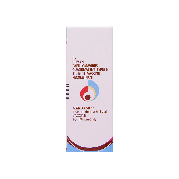 Front view of Gardasil (Human Papillomavirus Quadrivalent Vaccine, Recombinant) 0.5ml single-dose vial box for IM use by MSD.