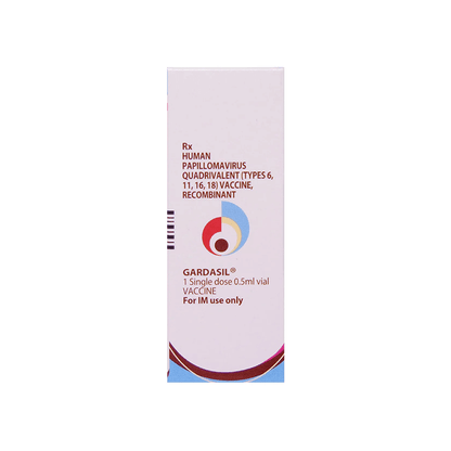 Front view of Gardasil (Human Papillomavirus Quadrivalent Vaccine, Recombinant) 0.5ml single-dose vial box for IM use by MSD.