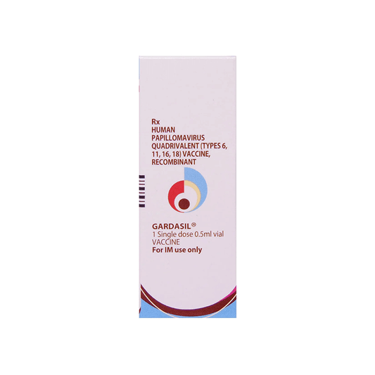Front view of Gardasil (Human Papillomavirus Quadrivalent Vaccine, Recombinant) 0.5ml single-dose vial box for IM use by MSD.