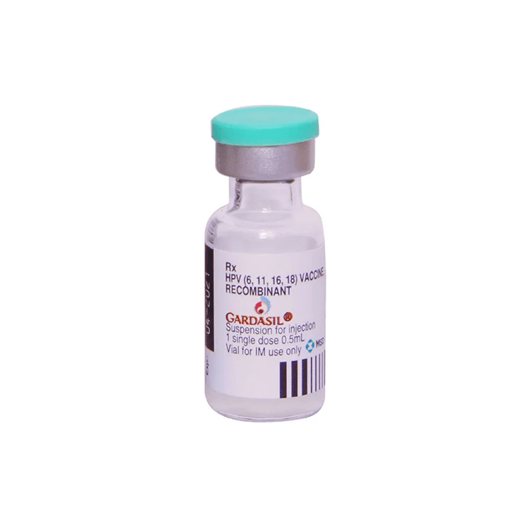 Close-up front view of the Gardasil 0.5ml sterile glass vial with a teal cap detailing the quadrivalent (6, 11, 16, 18) composition by MSD.