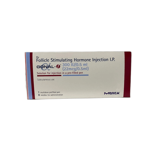 Front view of Gonal-f 300 IU/0.5 ml (22mcg/0.5ml) Follicle Stimulating Hormone multidose pre-filled pen box by Merck.