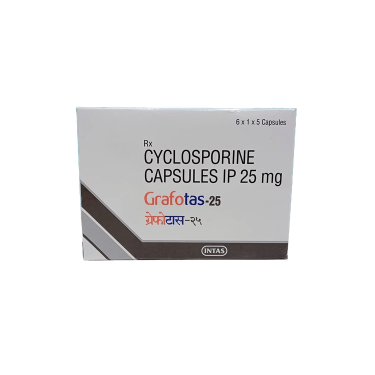 Front view of Grafotas-25 Cyclosporine Capsules IP 25 mg box by INTAS.