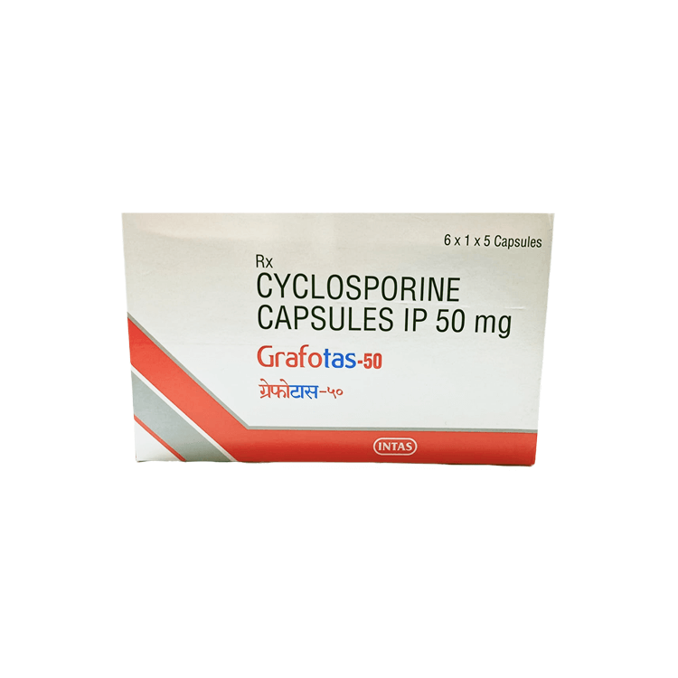 Front view of Grafotas-50 Cyclosporine Capsules IP 50 mg box by INTAS.
