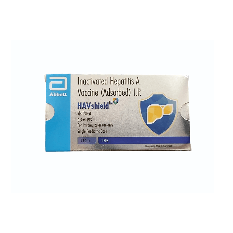 Front view of HAVshield (Inactivated Hepatitis A Vaccine Adsorbed I.P.) 0.5 ml PFS pediatric single-dose box by Abbott.