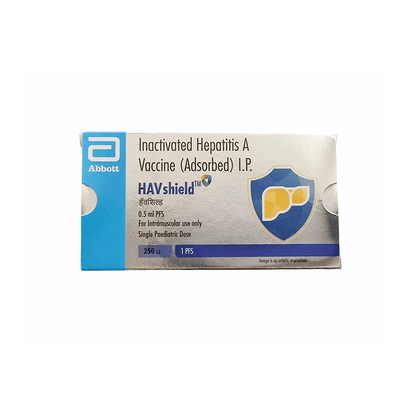 Front view of HAVshield (Inactivated Hepatitis A Vaccine Adsorbed I.P.) 0.5 ml PFS pediatric single-dose box by Abbott.