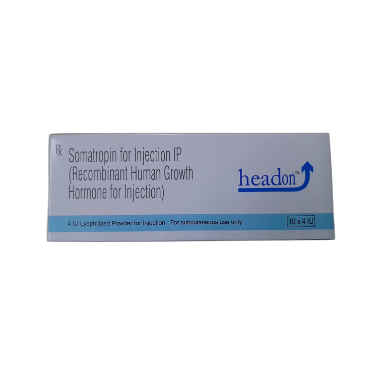 Front view of Headon 4 IU (Somatropin for Injection IP) box of 10 vials by Sun Pharma for subcutaneous use.