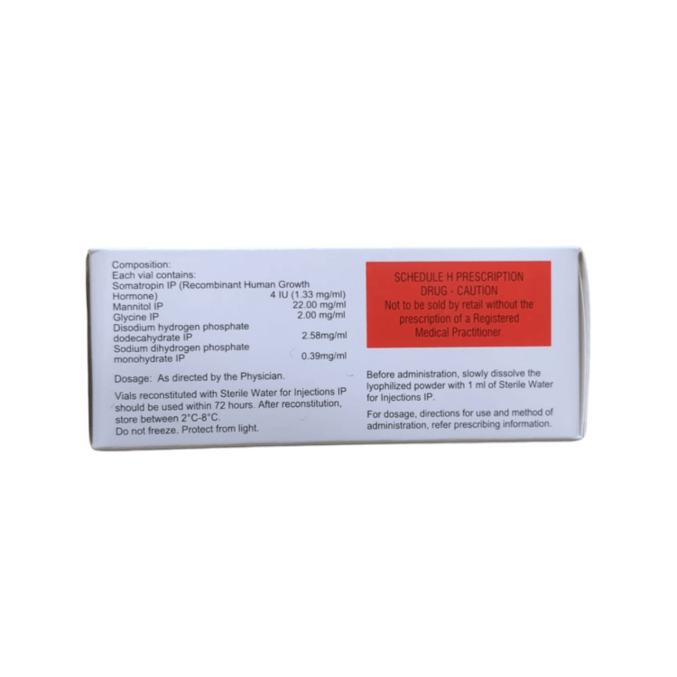 Back view of Headon 4 IU box showing detailed composition, including 1.33 mg/ml Somatropin, storage instructions, and Schedule H warning.