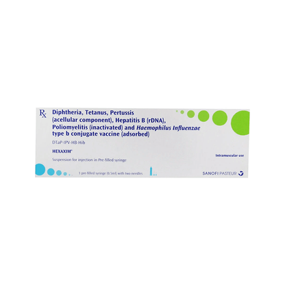 Front view of Hexaxim (DTaP-IPV-HB-Hib) 6-in-1 pediatric vaccine 0.5ml pre-filled syringe box by Sanofi Pasteur.