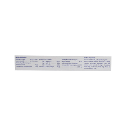 Back view of the Hexaxim box detailing the exact active ingredients, toxoids, and inactive ingredients including aluminium hydroxide by Sanofi Pasteur.