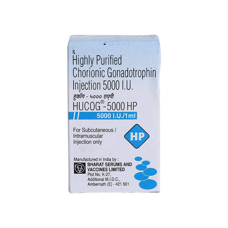 Front view of HUCOG-5000 HP (Highly Purified Chorionic Gonadotrophin Injection 5000 I.U.) 1 ml solution box by Bharat Serums.