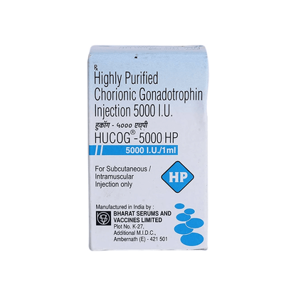 Front view of HUCOG-5000 HP (Highly Purified Chorionic Gonadotrophin Injection 5000 I.U.) 1 ml solution box by Bharat Serums.