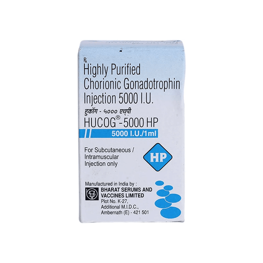 Front view of HUCOG-5000 HP (Highly Purified Chorionic Gonadotrophin Injection 5000 I.U.) 1 ml solution box by Bharat Serums.
