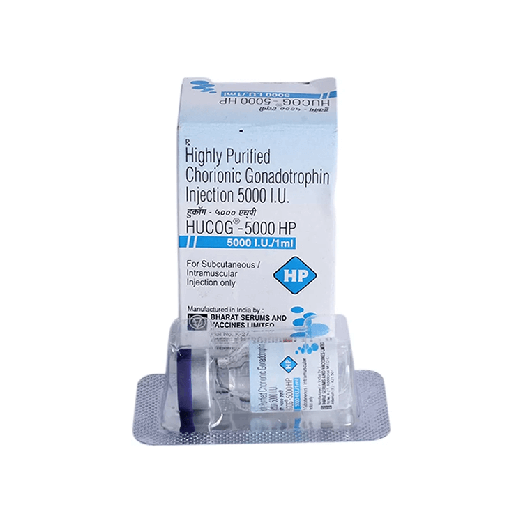 Perspective view showing the HUCOG-5000 HP box alongside the sterile 1 ml vial in its protective blister pack by Bharat Serums.