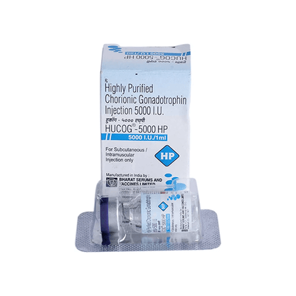 Perspective view showing the HUCOG-5000 HP box alongside the sterile 1 ml vial in its protective blister pack by Bharat Serums.