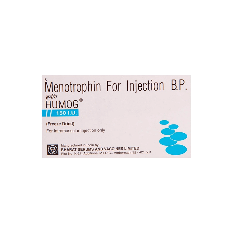 Front view of HUMOG 150 I.U. Menotrophin for Injection B.P. (Freeze Dried) box by Bharat Serums and Vaccines Limited.