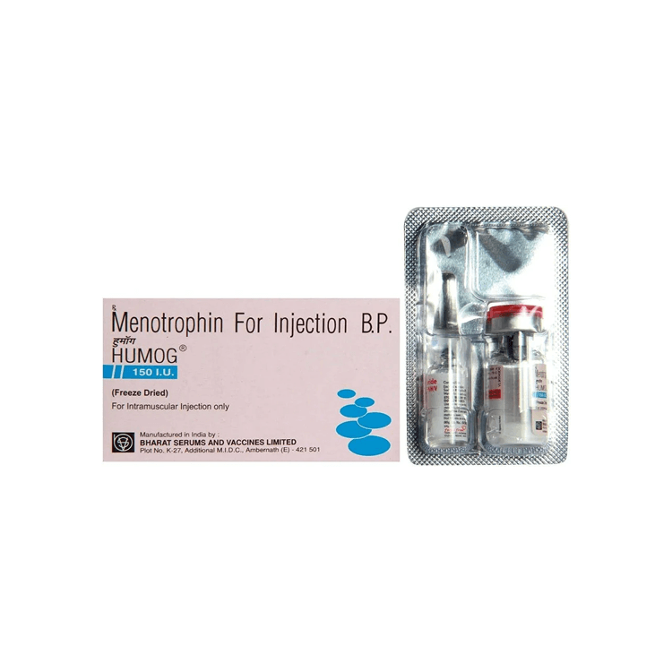 Side view of HUMOG 150 I.U. box alongside its sterile blister pack containing the 150 I.U. vial and 1ml diluent ampoule.