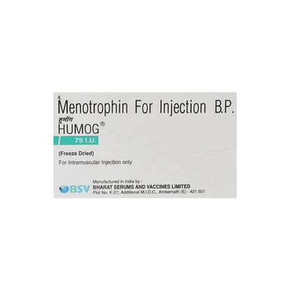 Front view of HUMOG 75 I.U. Menotrophin for Injection B.P. (Freeze Dried) box by Bharat Serums and Vaccines Limited.