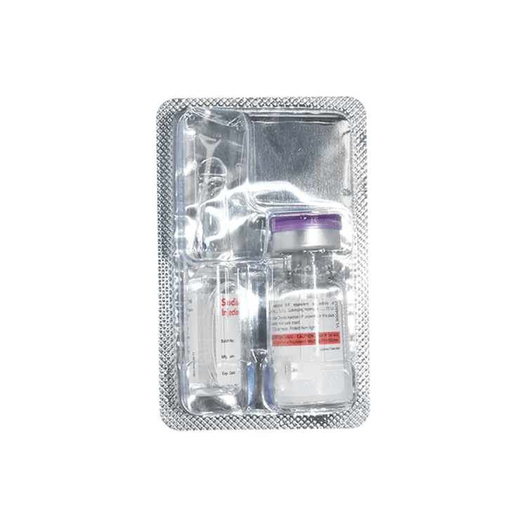 Interior view of HUMOG 75 I.U. sterile blister pack containing one vial of Menotrophin and one ampoule of Sodium Chloride diluent.