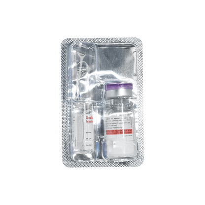 Interior view of HUMOG 75 I.U. sterile blister pack containing one vial of Menotrophin and one ampoule of Sodium Chloride diluent.
