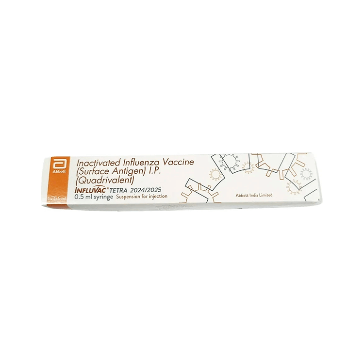 Front view of Influvac Tetra (Inactivated Influenza Vaccine Surface Antigen I.P. Quadrivalent) 0.5 ml single-dose pre-filled syringe box by Abbott.