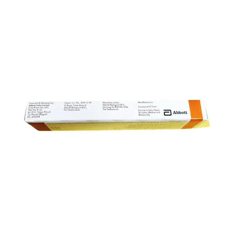 Side view of the Influvac Tetra box detailing manufacturing by Abbott Biologicals B.V. and importing details by Abbott India Limited.