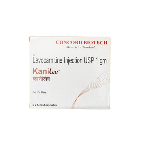 Front view of Kanilev (Levocarnitine Injection USP 1 gm) box containing 5 x 5 ml ampoules for IV use by Concord Biotech.