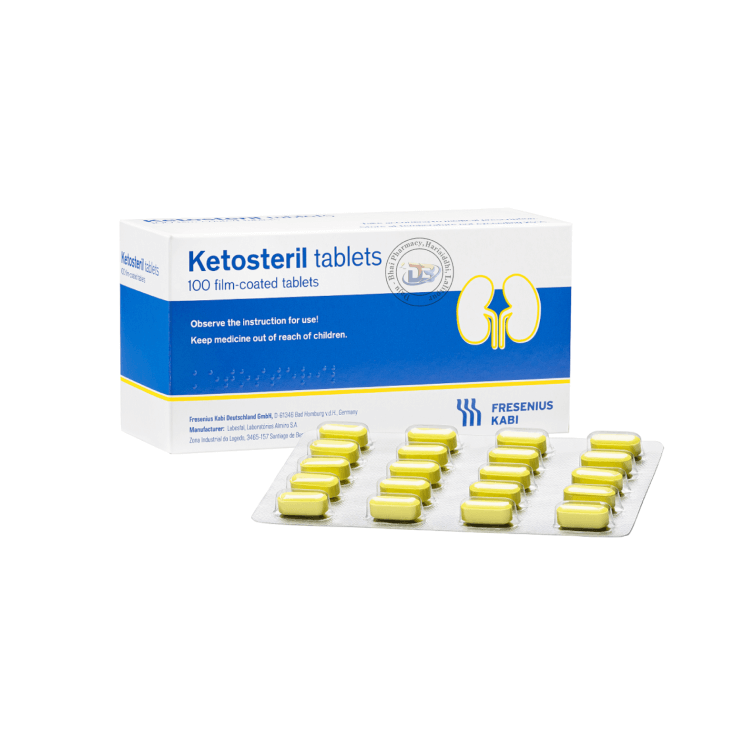 Angled front view of Ketosteril Alpha-Ketoanalogue 100 film-coated tablets box and blister pack by Fresenius Kabi.