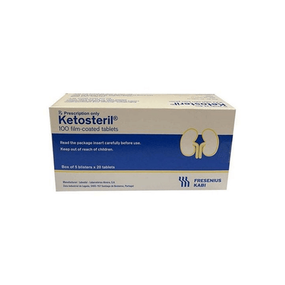 Straight front view of Ketosteril 100 film-coated tablets box by Fresenius Kabi indicating prescription only status.